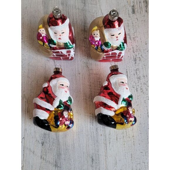 Blown glass Santa Claus chimney toy bag ornament set glitter Xmas - Picture 2 of 8